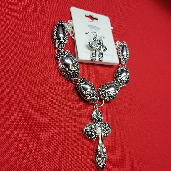 Icon Collection Silver Tone Cross Necklace & Earrings Set - Picture 8 of 12